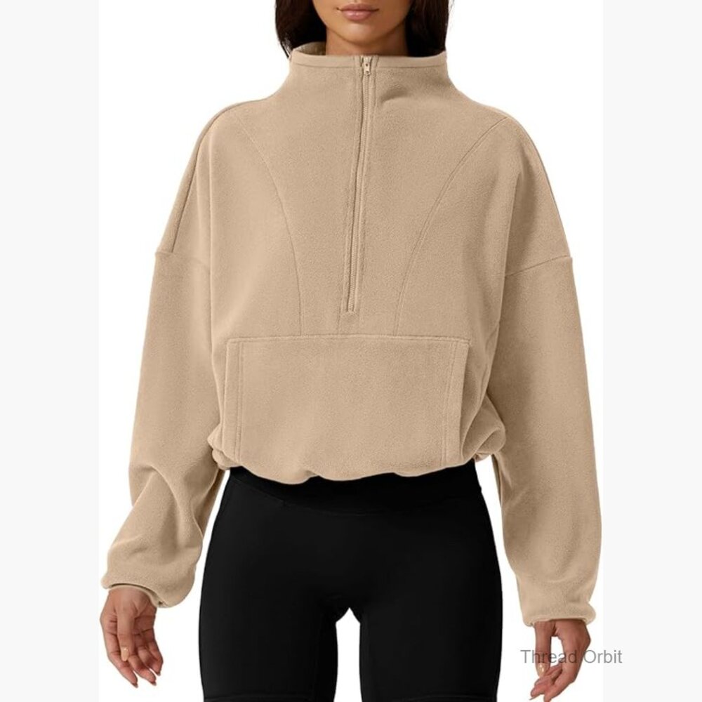 Half Zip Fleece Sweatshirt Mock Neck Long Sleeve Sherpa Pullover Winter Cozy